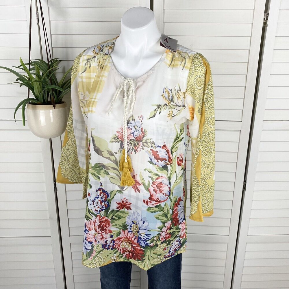 New Avani Del Amour Yellow‎ Multi Floral Tunic Top Tassel Tie Bell Sleeve Size S